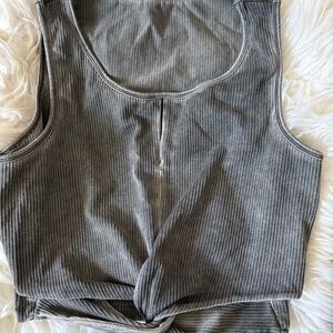 “Talia Tank” by: Fabletics Silver Ribbed Crop Tank